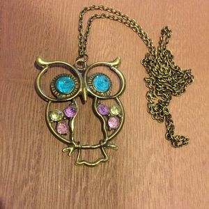 🦉 Sweet colorful rhinestone rustic look large owl necklace 🦉